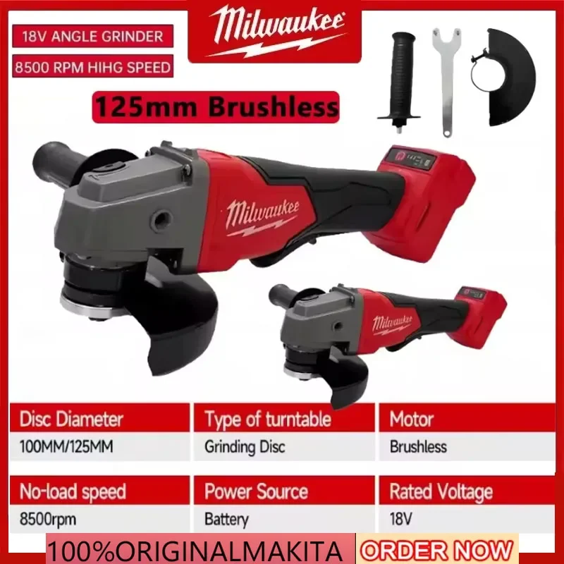 

2025 Milwaukee 125mm Brushless Angle Grinder Polishing Cutting Machine No-Lock Paddle Switch Electric Cordless Power Tools