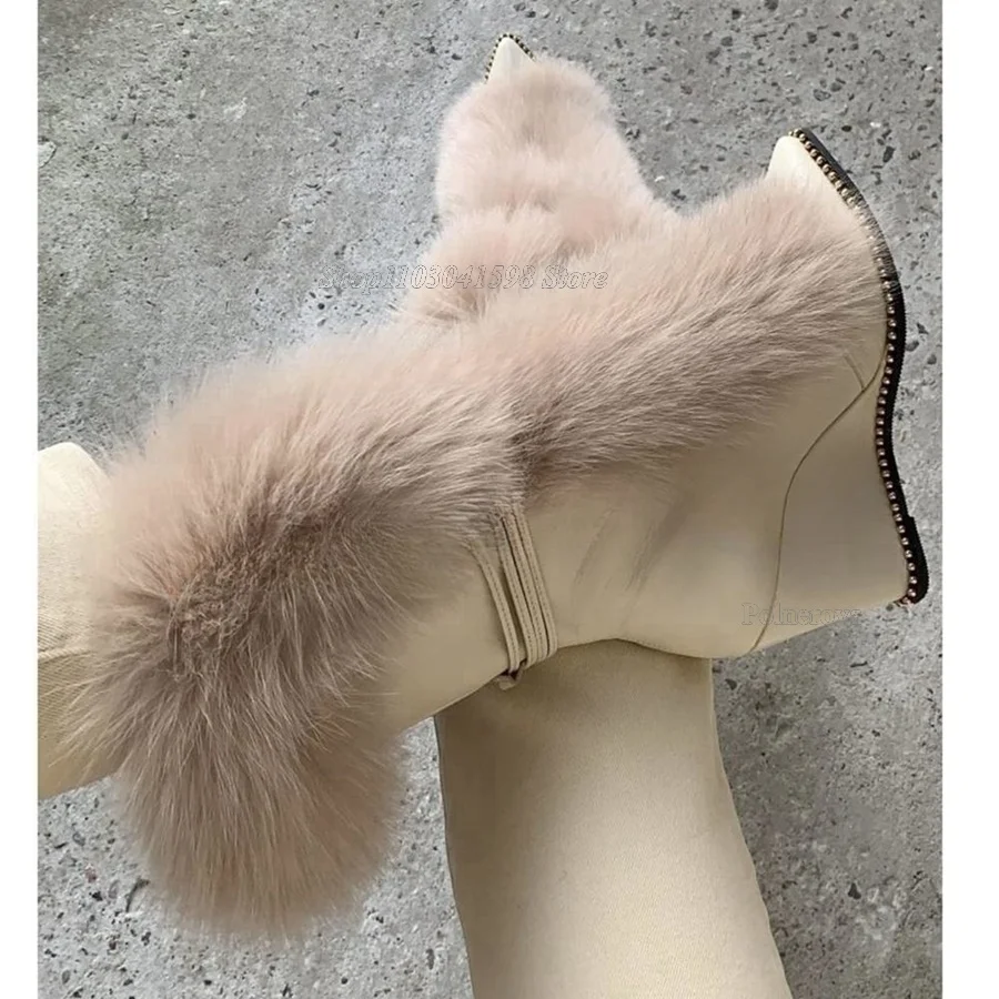 Winter Fox Faux Fur Boot Shoes for Women Leather Heeled Boots High Heel Shoes Delicate Bead Decoration 2023 Zapatos Para Mujere