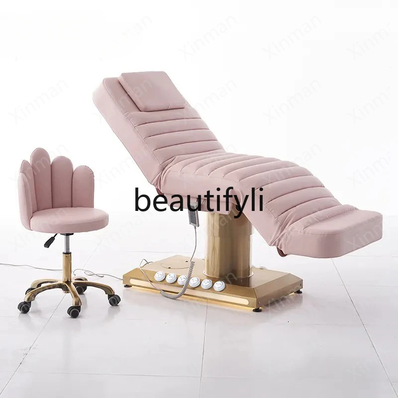 Beauty salon eyelash bed gold-plated base with foot control 3 motor beauty massage bed with LED light