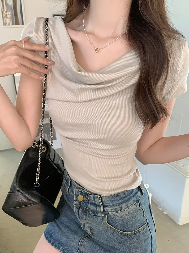 Short Sleeve T-shirt Thin 2024 Summer Irregular Saliva Collar Solid Color Women's Top
