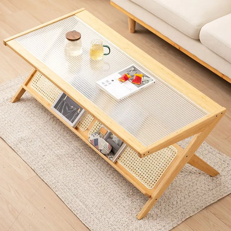 120X56X44CM Large Japanese Tea Table Living Room Brown Solid Wood With Toughened Glass Bamboo Rattan Accents Dropshipping DDP