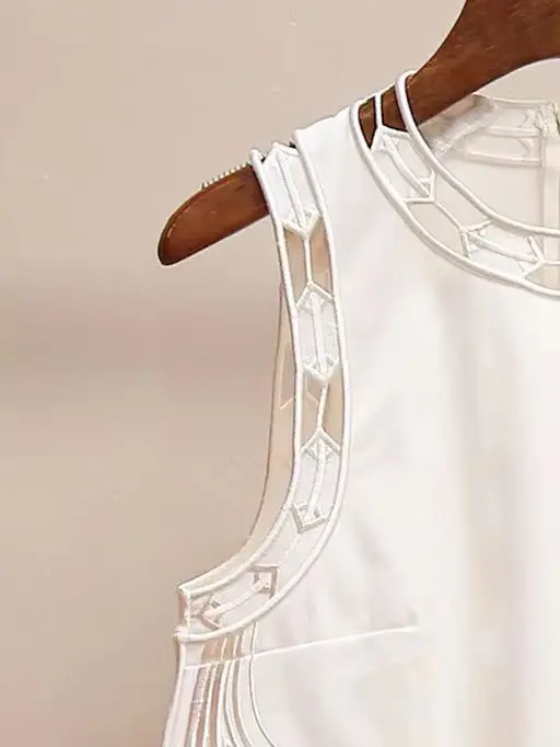 

Spring/Summer Women Embroidery Hollow Solid Set O-Neck Sleeveless Top + Flare High Waist Loose Fashion Pants
