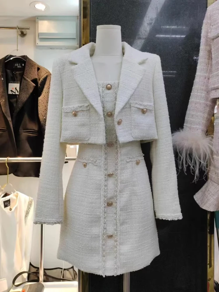 Nieuwe winter Franse elegante mode 2-delige set dames ontwerp retro jas + bandjurk harajuku chic vintage Koreaanse populaire kleding