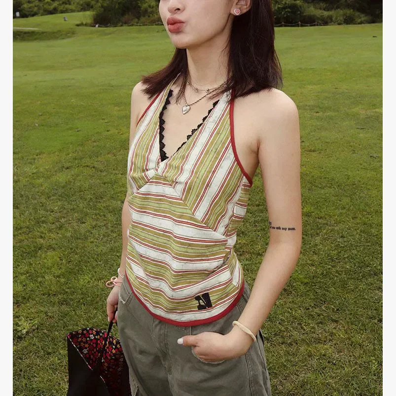Y2k Striped Halter Vest Women Contrast Color V Neck Slim Spicy Girl Sleeveless Crop Top Retro Sexy Chic Tanks Summer