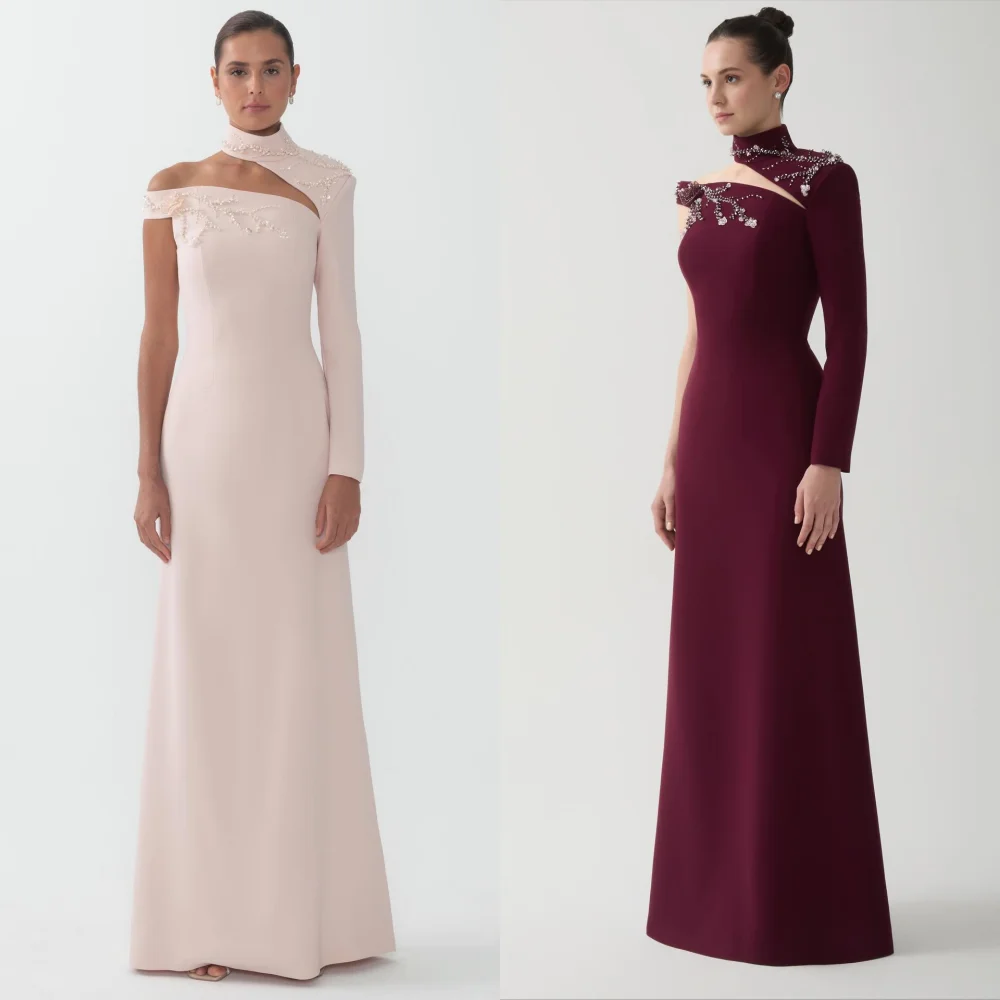 

Customized Fashion Jersey Sequined Flower A-line High Collar Long Dresses Bespoke Occasion Homecoming High Quality