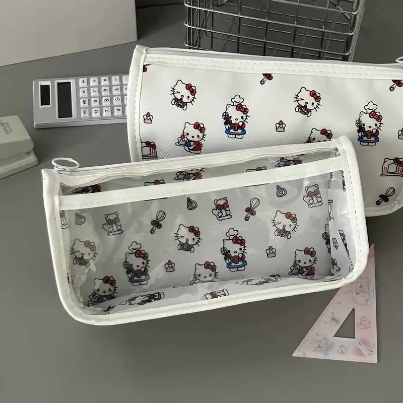 Anime Hello Kitty Translucent Pencil Case Cute Hello Kitty Storage Bag Oxford Cloth Large Capacity Stationery Pouch Gifts