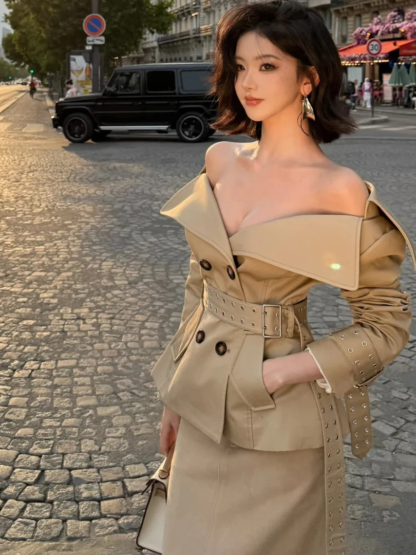 Women's Fashion Chic Jacket Set with Stand Collar Double Row Buttons Slimming  Skirt Autumn Winter Spring Seasonal Wear