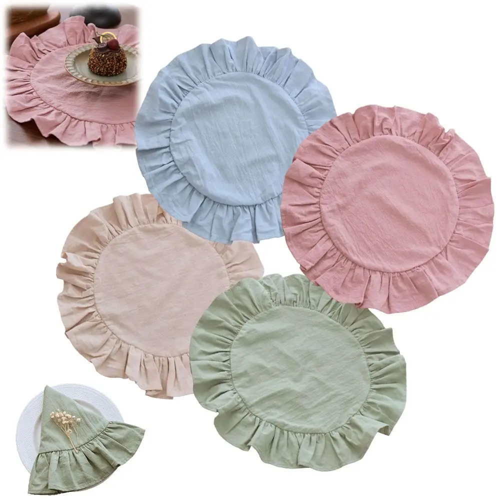 Multi-Purpose Solid Color Ruffled Placemats Round Cotton Cloth Napkins Afternoon Tea Placemat for Wedding Decoration Table Decor