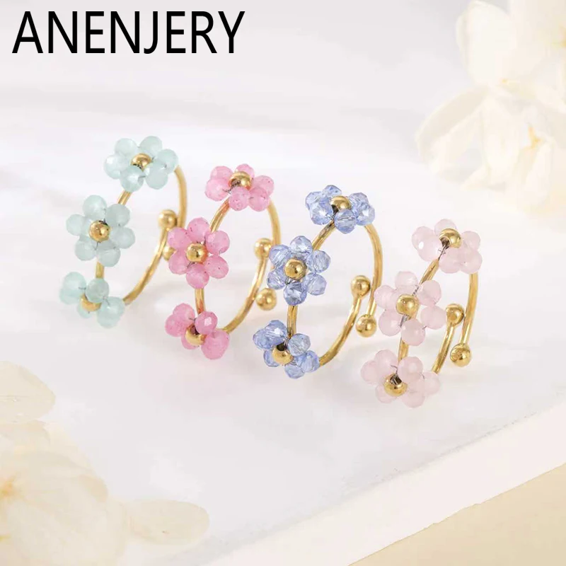 ANENJERY 316L Stainless Steel Colorful Beads Flowers Open Ring For Women French Niche Design Elegant Jewelry Gifts Wholesale