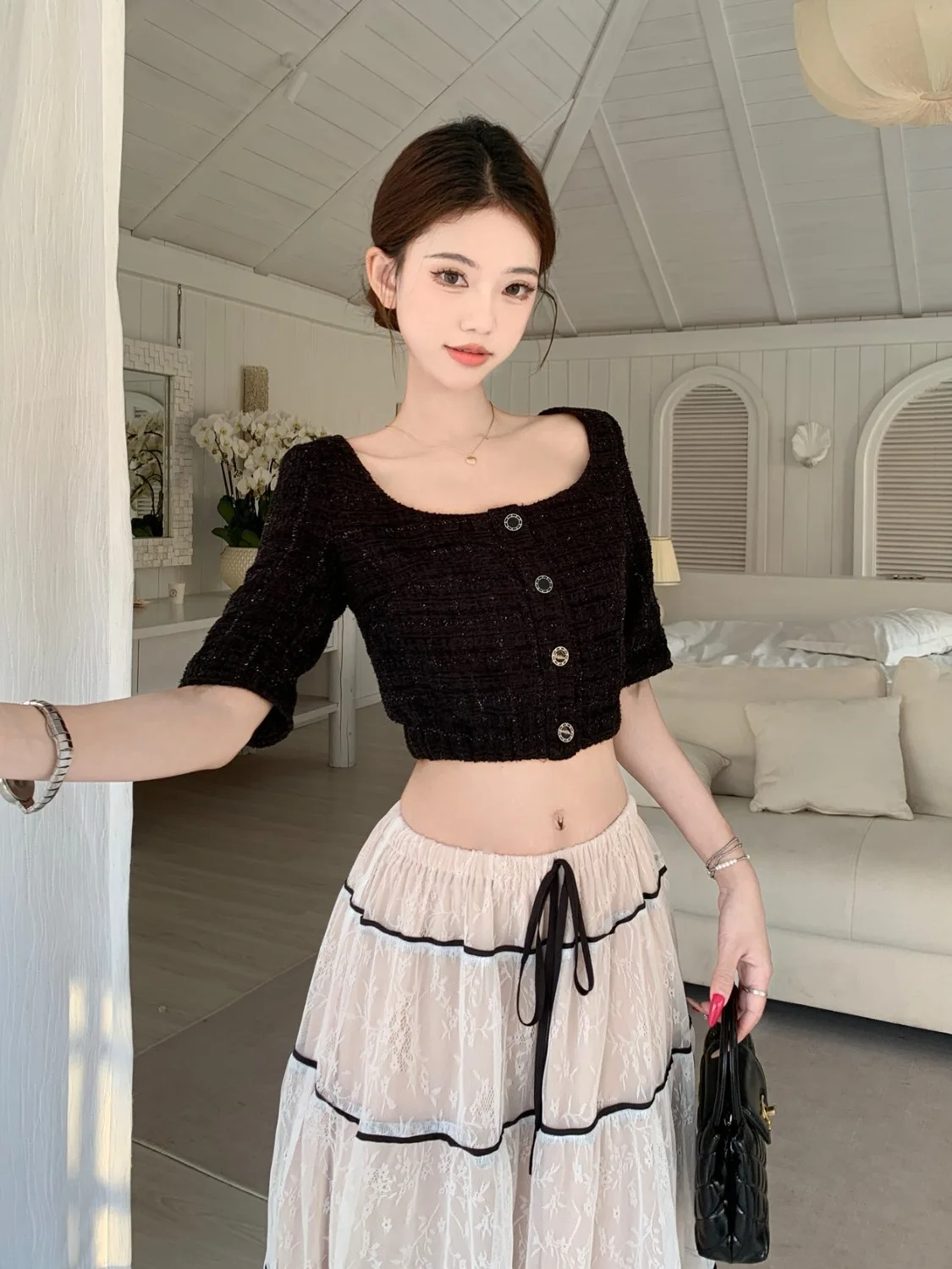 Spring Season Black Obsidian Short Sleeve Lace Half Skirt Set Women's Coarse Tweed Two-Piece Suit Casual Chic Style