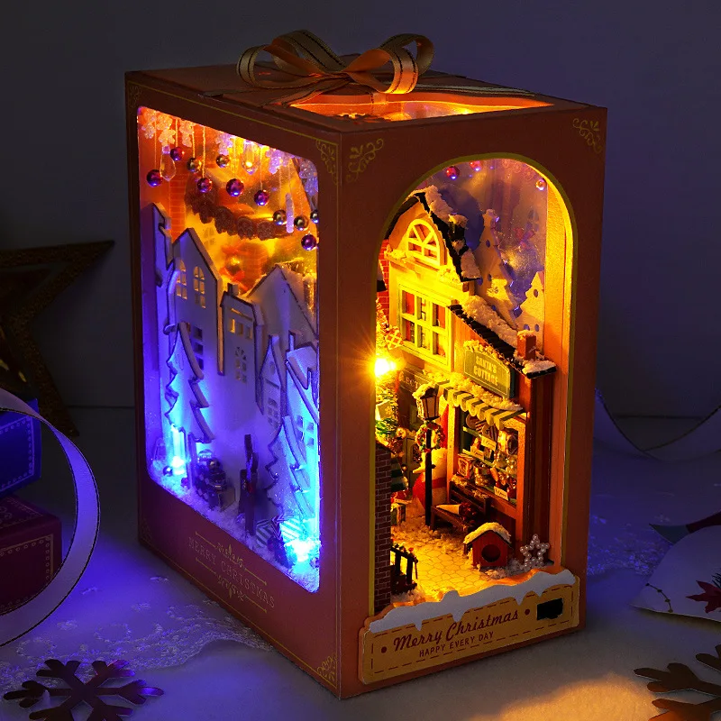Książka Nook Miniaturowa DIY Chata Świąteczna kabina Domy Stojak na książki Dom dla lalek Kreatywne puzzle Półka na książki Wkładka z dotykową osłoną
