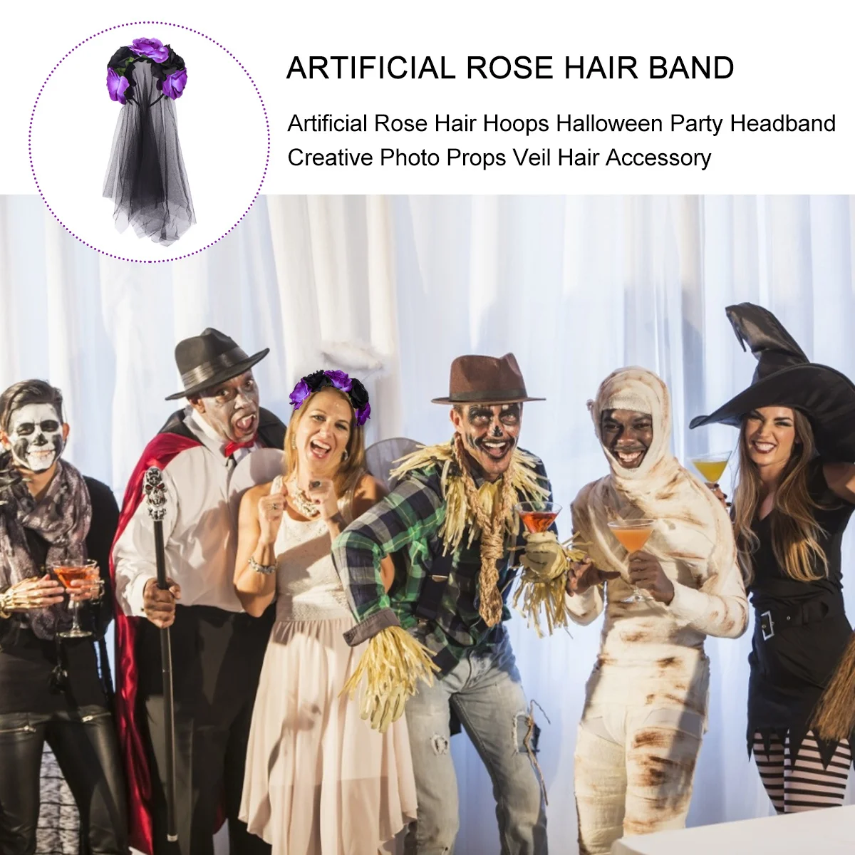 

Artificial Rose Hair Hoop Black Red Orange Purple Halloween Party Hairband Creative Photo Props Veil Accessory