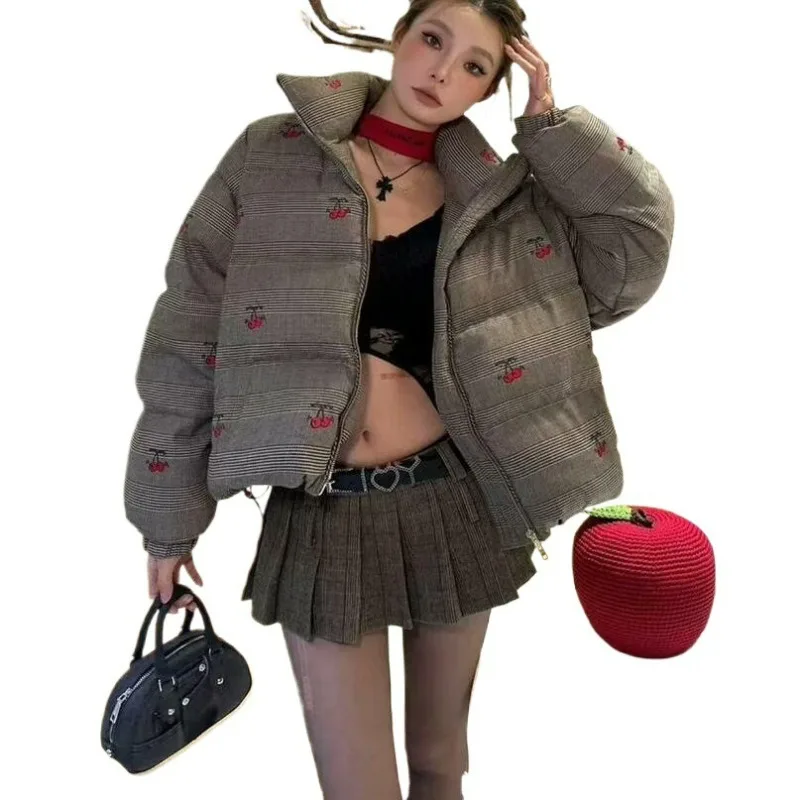 

Cherry Print Jacket Women Preppy Style Stand Collar Quilted Coat Embroidery Detail Vintage Sweet Parkas Winter Padded Jacket