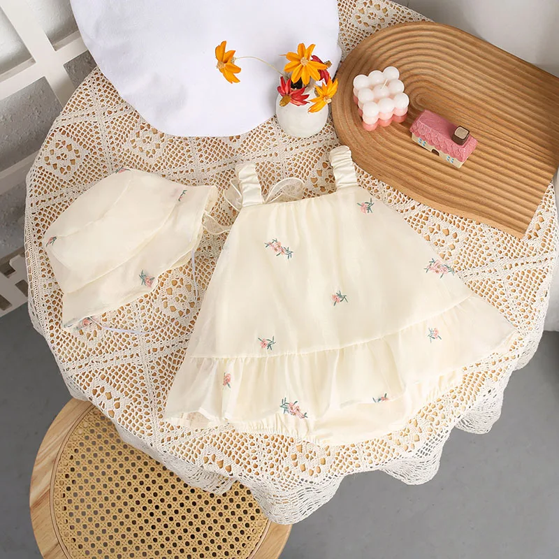 2024 New Summer Baby Bodysuit 0-24M Girls Cute Embroidered Flowers Slip Dress Toddler Thin Jumpsuit + Hat