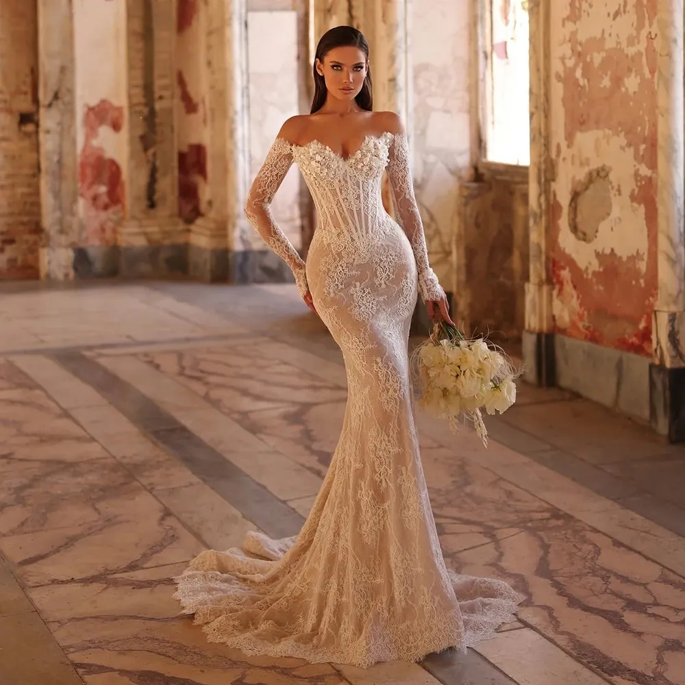 Robe de mariée sirène en dentelle, perles brillantes, fleurs 3D, col en v, épaules dénudées, personnalisée, robes de mariée de rêve pour mariée