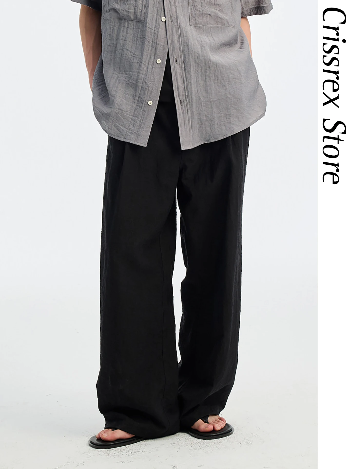 

Crissrex Store Linen Mixed Casual Loose Waist Pleated Straight Leg Retro Casual Pants Men's Loose Fit Straight Leg Trousers