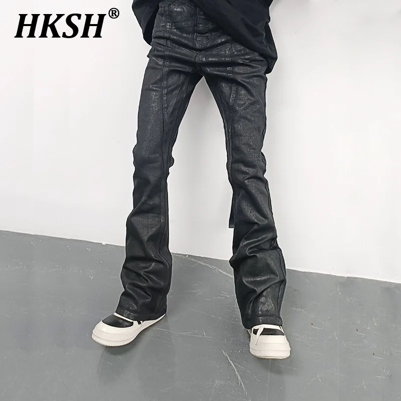 HKSH Spring New Men Tide Punk RO Style Denim Pencil Pants Handmade Waxed Coating Micro Flared High Elasticity Jeans Dark HK4359