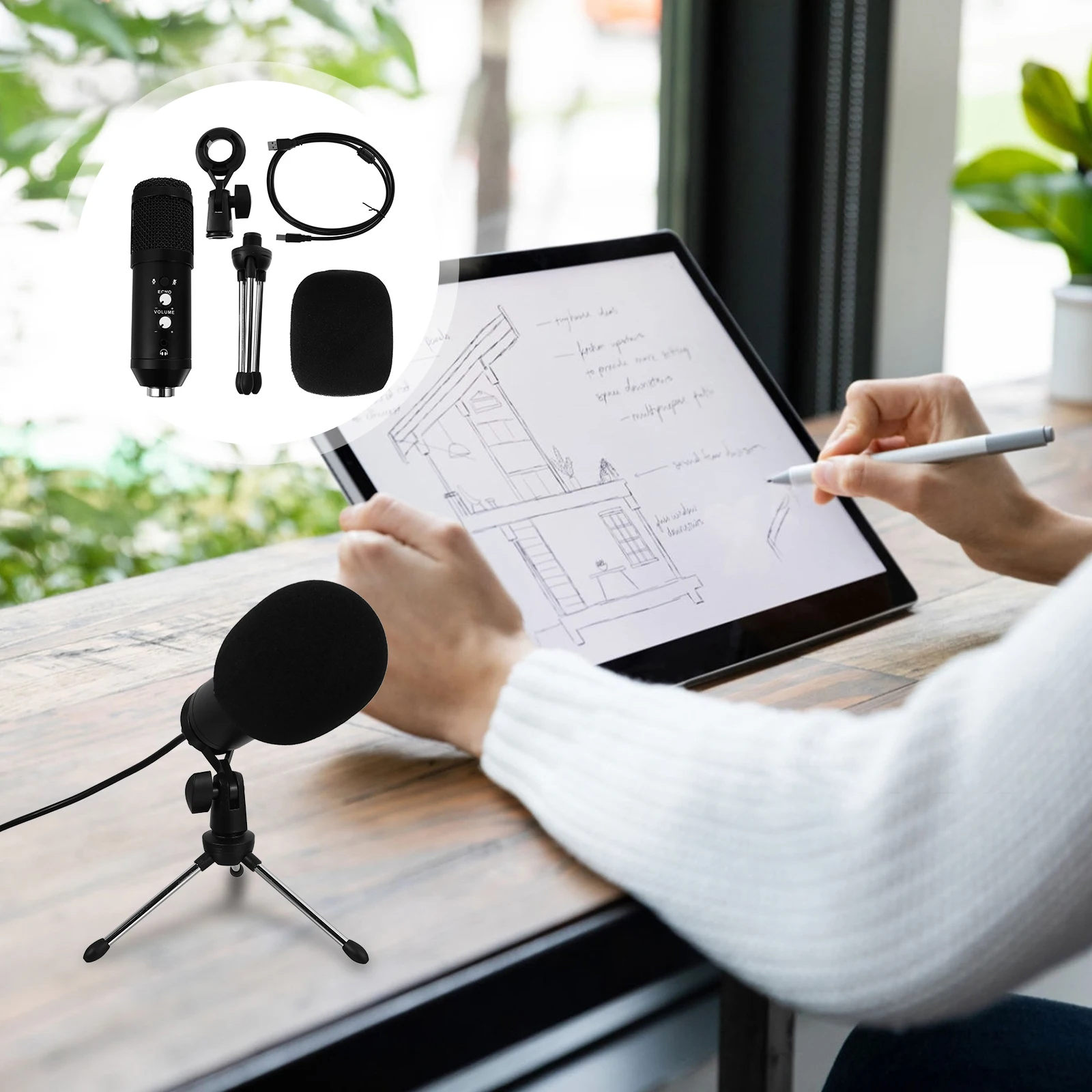 

Microphone Stand Black Alloy Condenser Mic for Business Conference Computer Recording Cardioid USB Portable Video Equipment