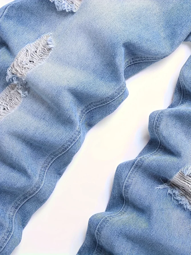 Jeans elásticos leves e justos masculinos |   Azul claro com design rasgado, estilo de rua casual versátil |   Mistura de algodão para todos S
