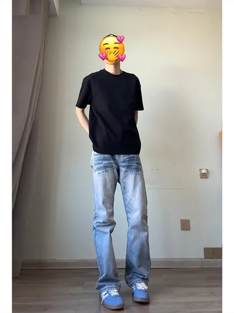 

Cleanfit Men's Straight Leg Jeans Lightning Pattern Washed American High Street Style Casual Youthful Summer Jeans