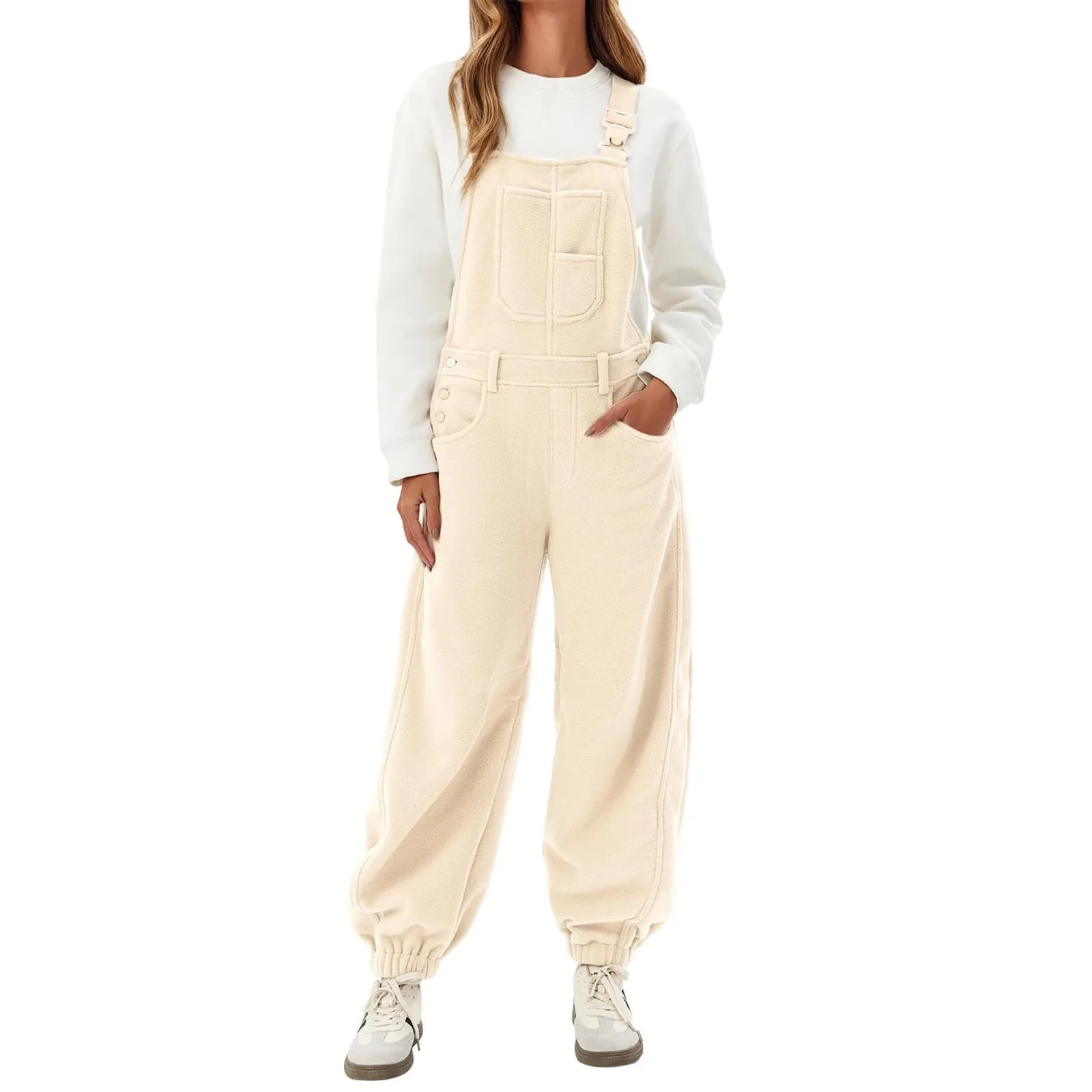 جمبسوت نسائي من الصوف سميك دافئ للخريف والشتاء فضفاض بأشرطة قابلة للتعديل جمبسوت غير رسمي مع جيوب Enterizos Para Mujer