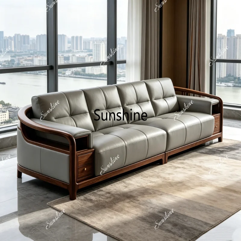 

Medieval style solid wood sofa modern simple living room leather hotel homestay straight row