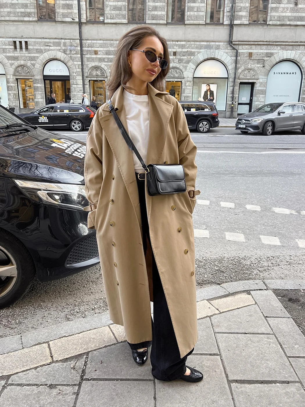 Abrigo holgado de manga larga para mujer, abrigo informal de color caqui con bolsillos y cuello vuelto con doble botonadura, ropa de calle alta para mujer 2024