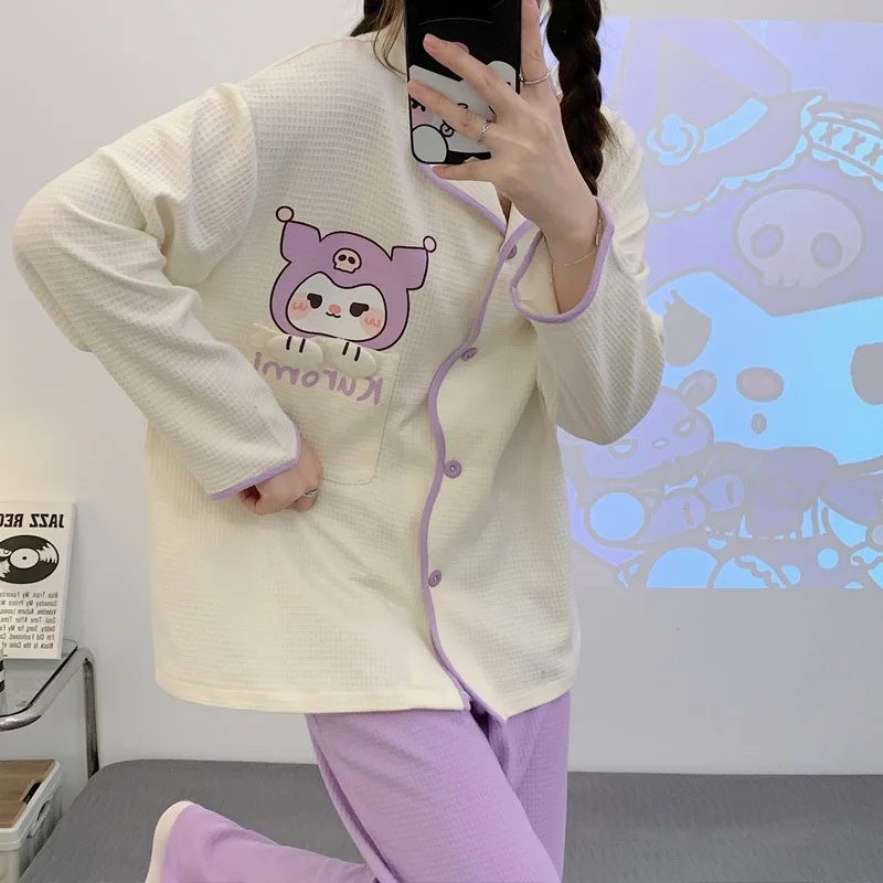 Conjunto de pijama de algodão sanrio feminino, calças de manga comprida, cachorro pacha fofo, lounge wear dos desenhos animados, outono, novo