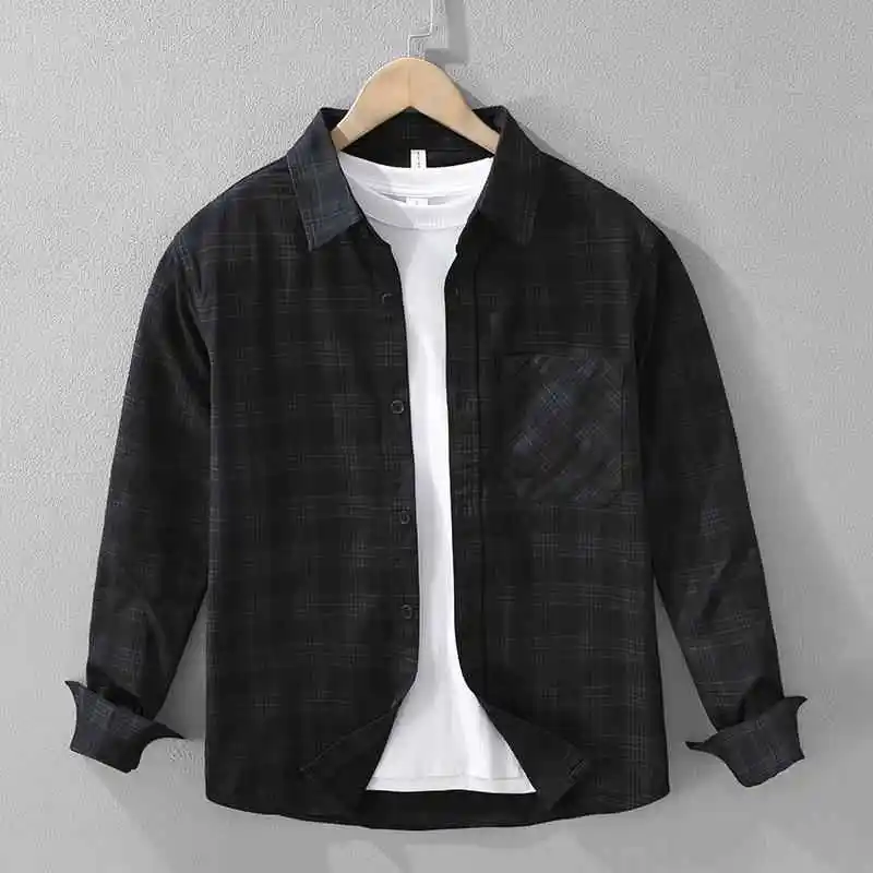 

Men's Checkered Long Shirt Loose Fit Cotton Pocket Detail Iron-Free Japanese Style Casual Long Sleeve Open Cardigan