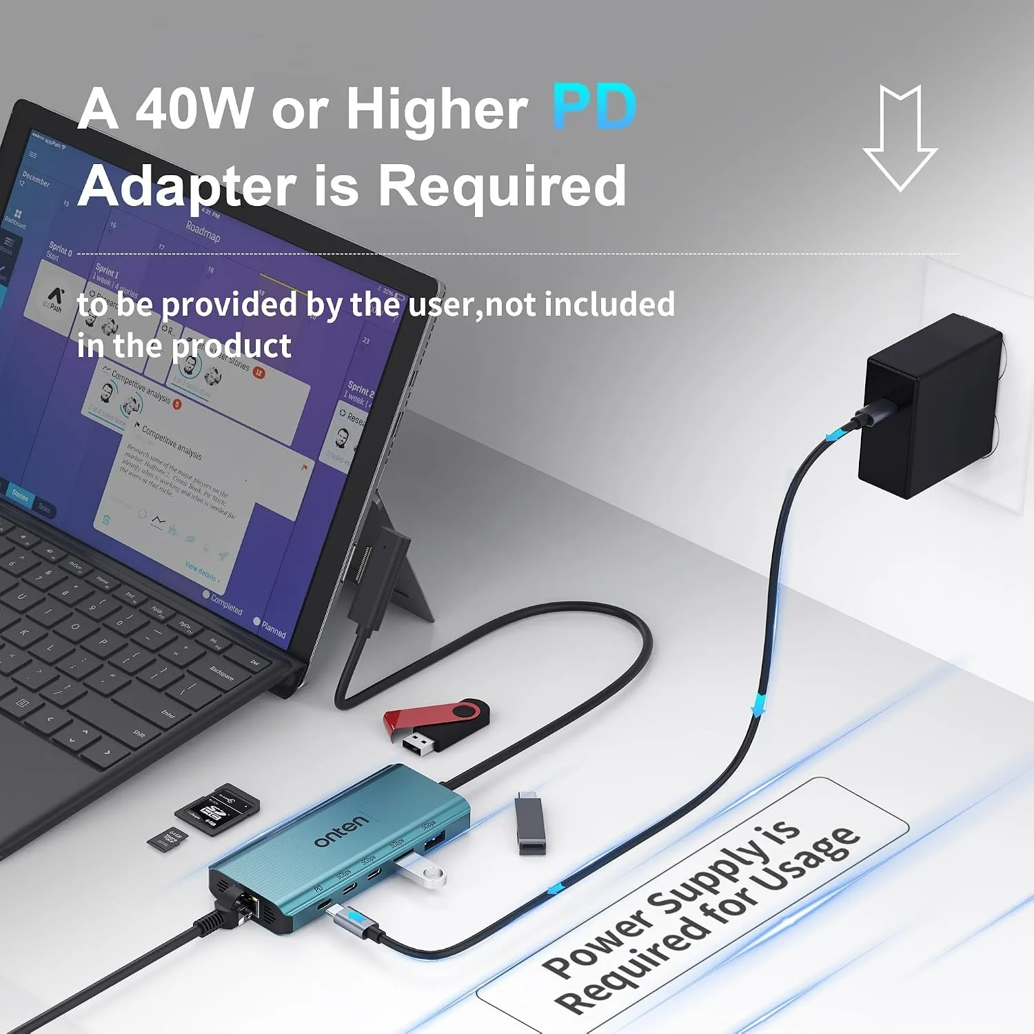 Surface Connect Docking Station for Surface Pro 9/8/X/7/6/5/4/3 Laptop Hub PD Required 4K@60Hz HD Gigabit Ethernet USB3.0 SD/TF - view 3