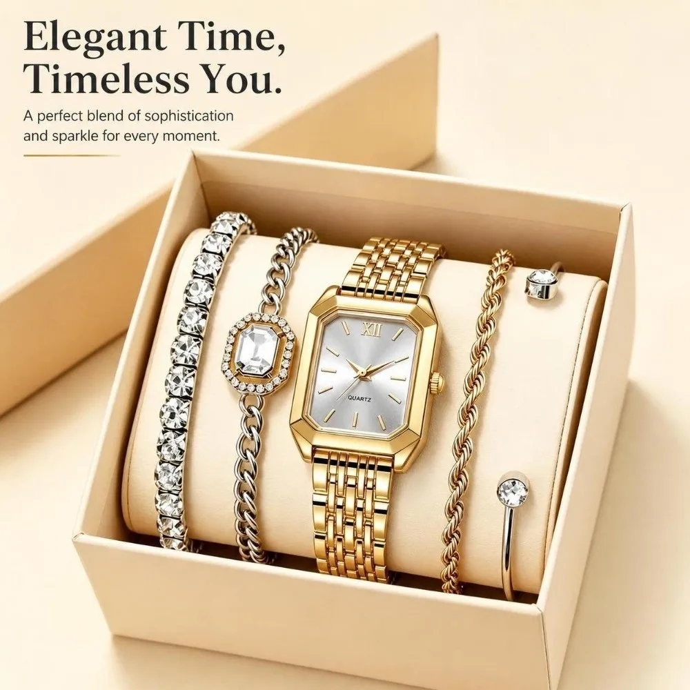 Quartz Movement Women Quartz Watch Stainless Steel Strap Rhinestone Decoration Rhinestone Bracelet Set Rectangle Dial 5PCS Set