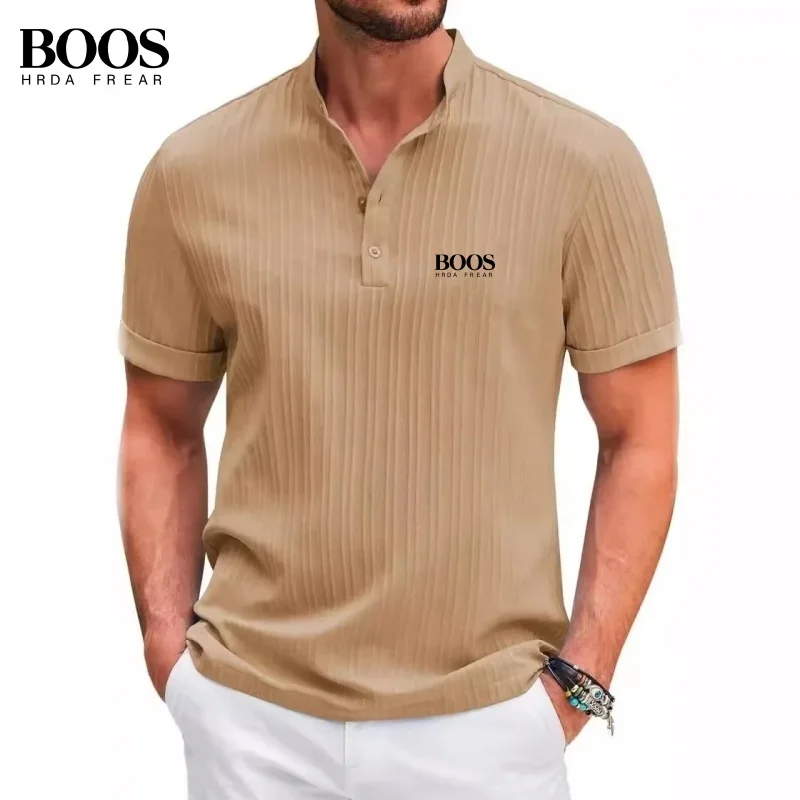 

New men's high-quality striped Henry collar polo shirt, summer fashion, casual, comfortable, versatile T-shirt top