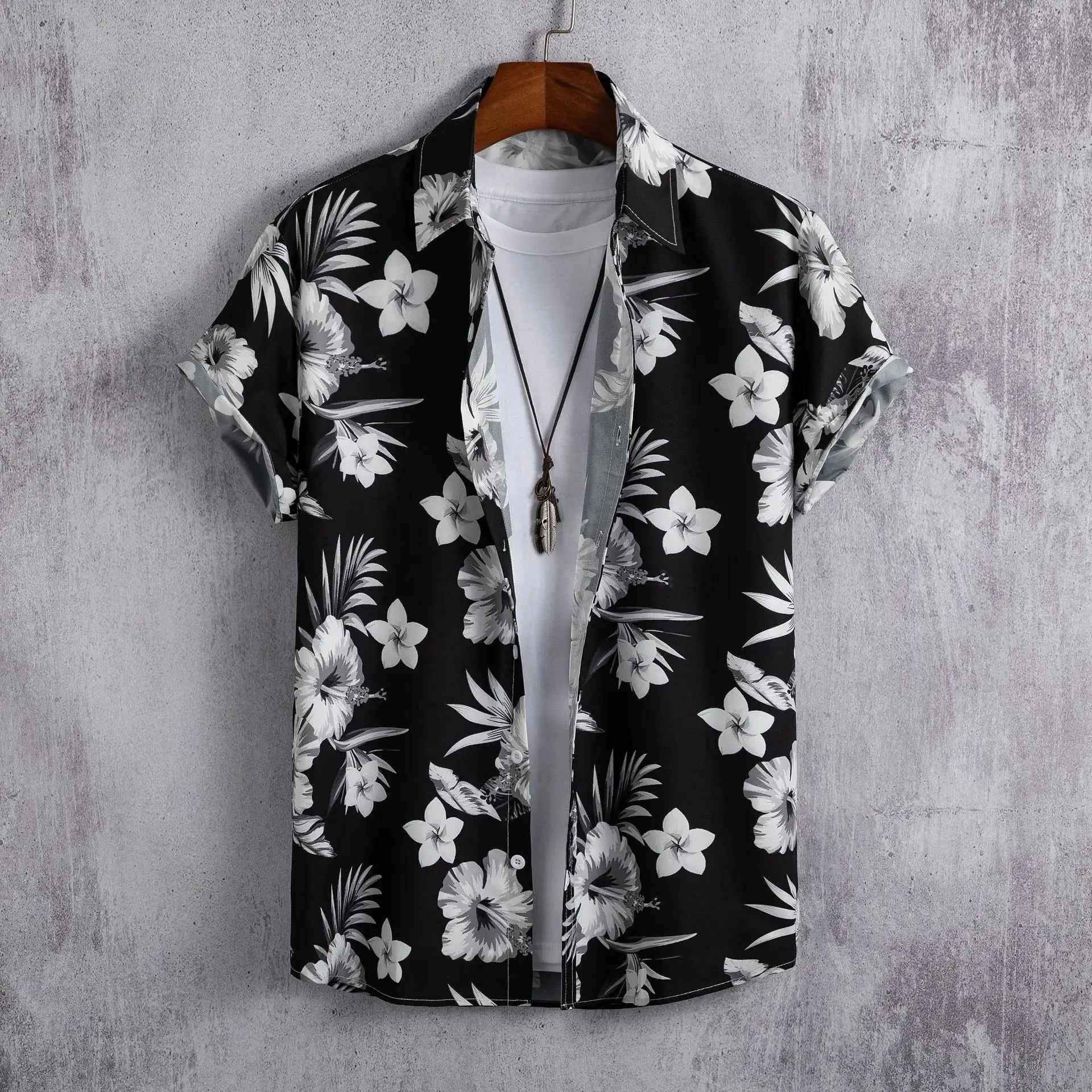 Hawaiian Shirt Men Fashion Flower Geometric Printed Blouse Beach Single-breasted Short SleeveTops Holiday Men's Clothing