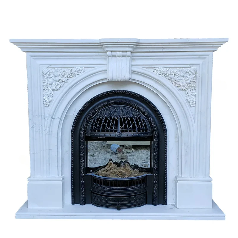 Spot marble, french white marble, fireplace, arch relief, European mantelpiece, decorative cabinet, ornaments, stone fireplace