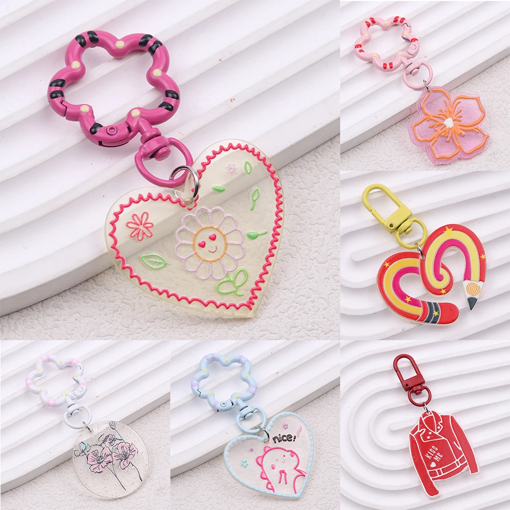 Ins Mini Cartoon Acrylic White Rose Pencil Heart Bear Apple KeychainsPendant School Bag Accessories Headphone Cover Keyring Gift