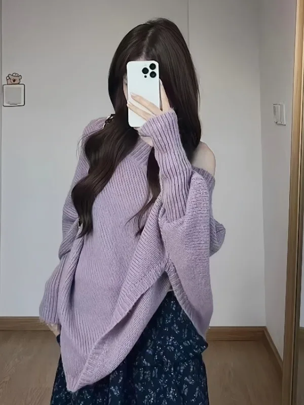 

Фиолетовый свитер с очками, женский свободный удобный мягкий вязаный топ oulder Sve, длинный осенне-зимний новый свитер для поездок на работу