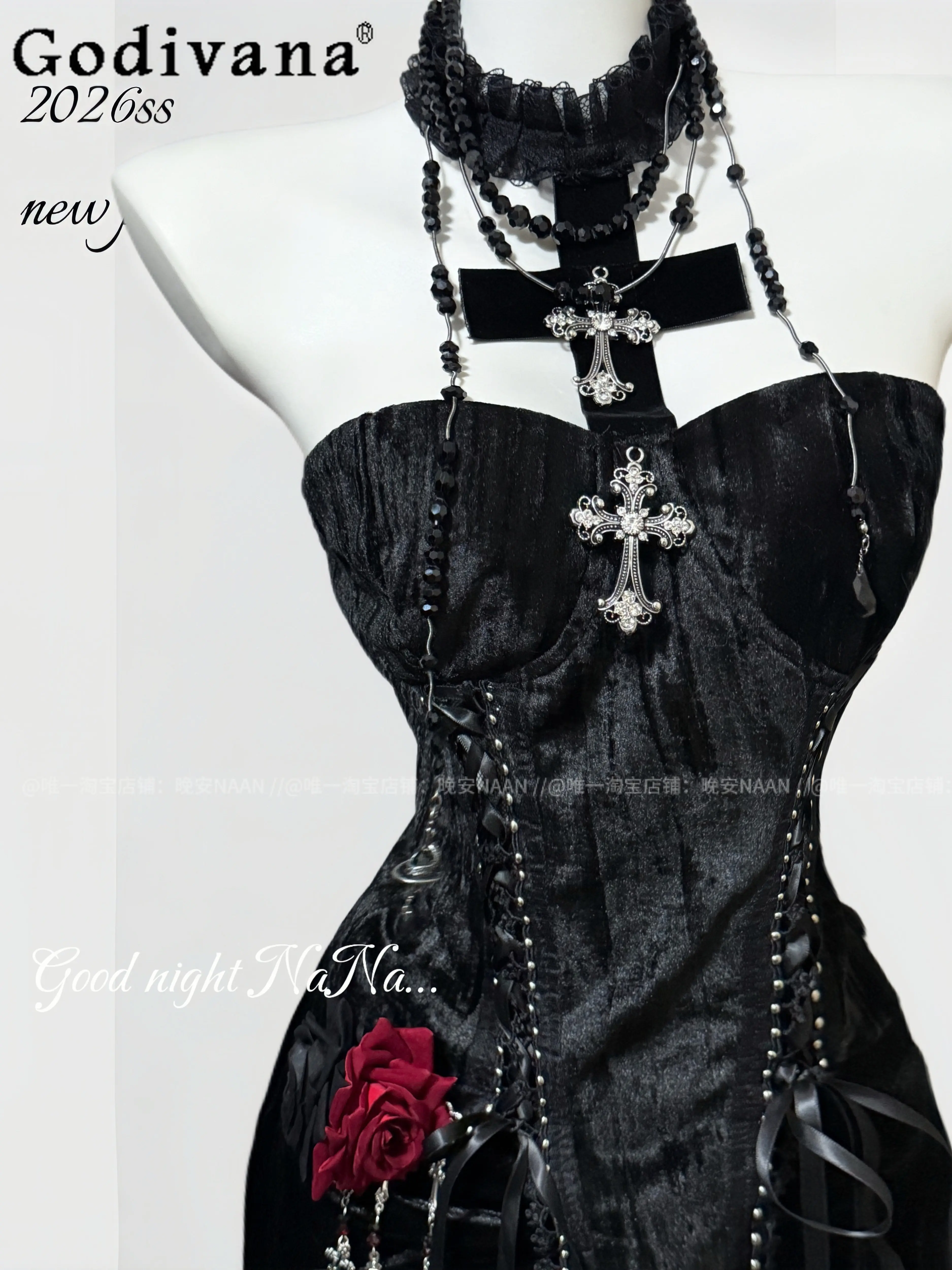 

Original Gothic Dark Velvet Neck Tube Top Skirt Outfit Subculture Spring Summer Women's Clothes Sweet Cool Fashion Matching Sets