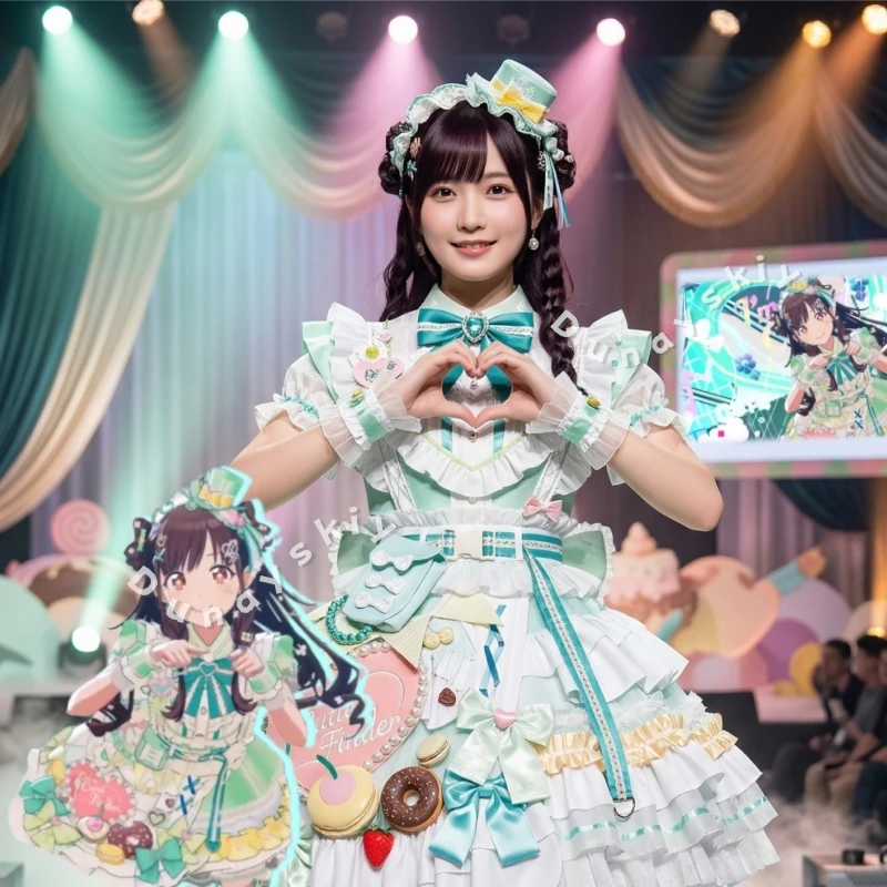

Мятно-зеленый костюм для косплея в стиле айдола, украшенный декором в виде десертов, для группы I'm A Cutie Finder, Сонода Чиёко, по аниме-игре IDOLM@STER SHINY COLORS