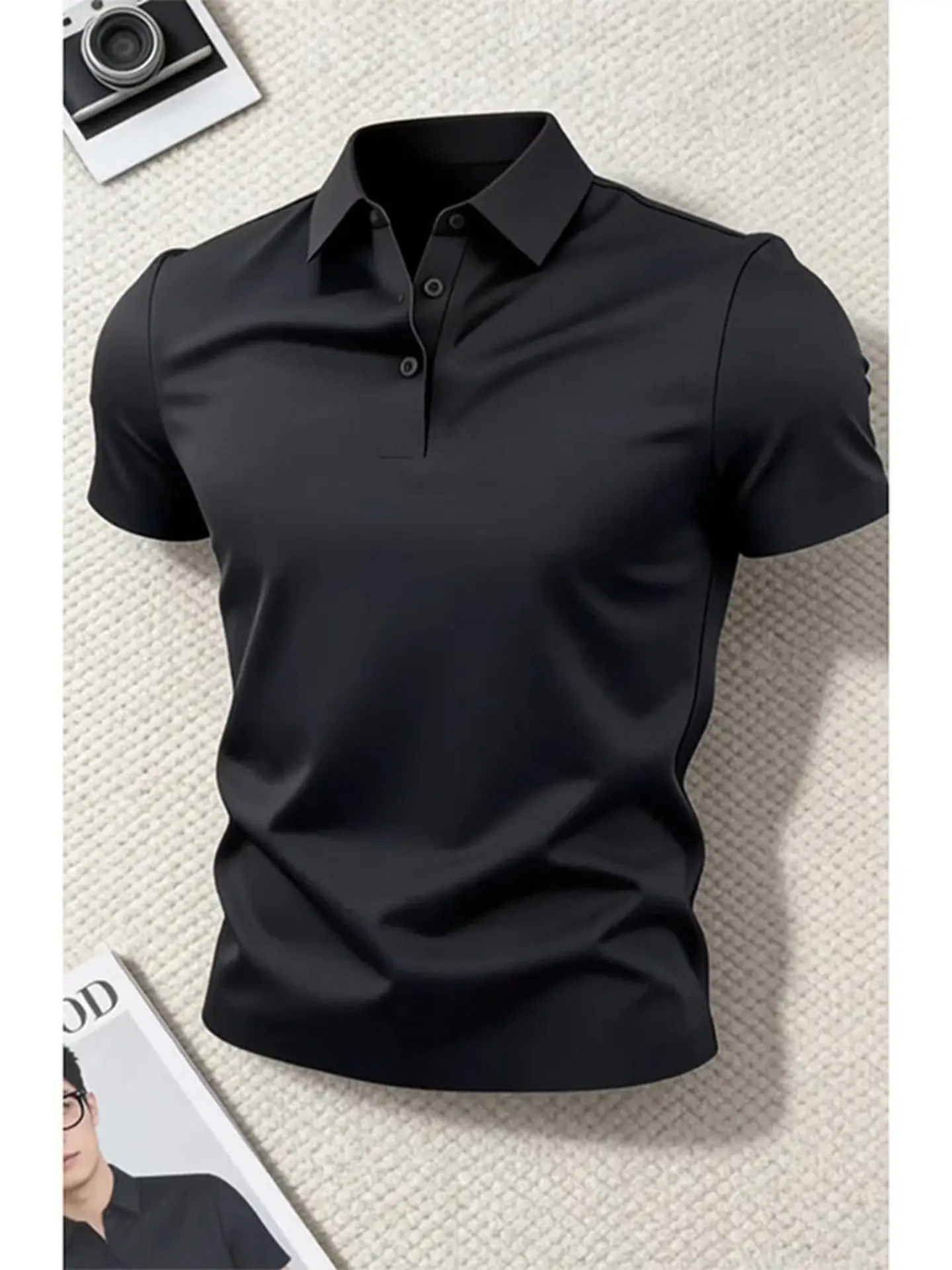 Black Ice Silk Quick Dry Short Sleeve  Shirt Men's Fashion Summer Thin High-End Sensation Slim Fit Half Sleeve American S...