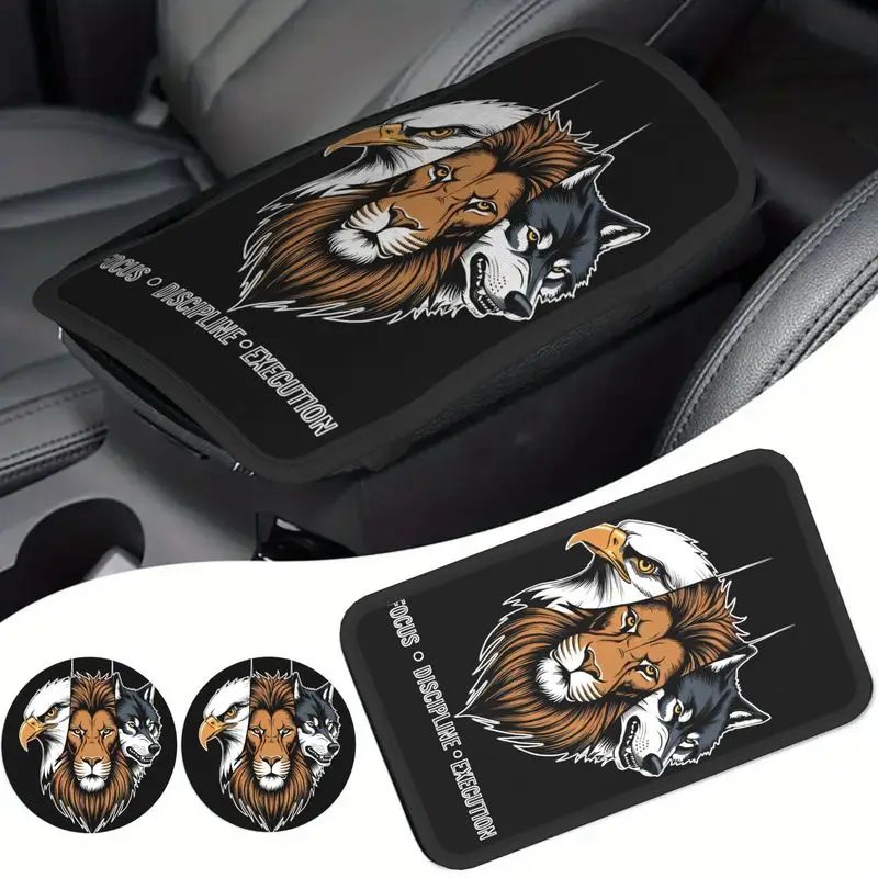 1Pc Car Armrest Cover + 2Pcs Cup Coasters, Eagle Lion Wolf Pattern, Motivational Car Interior Accessory