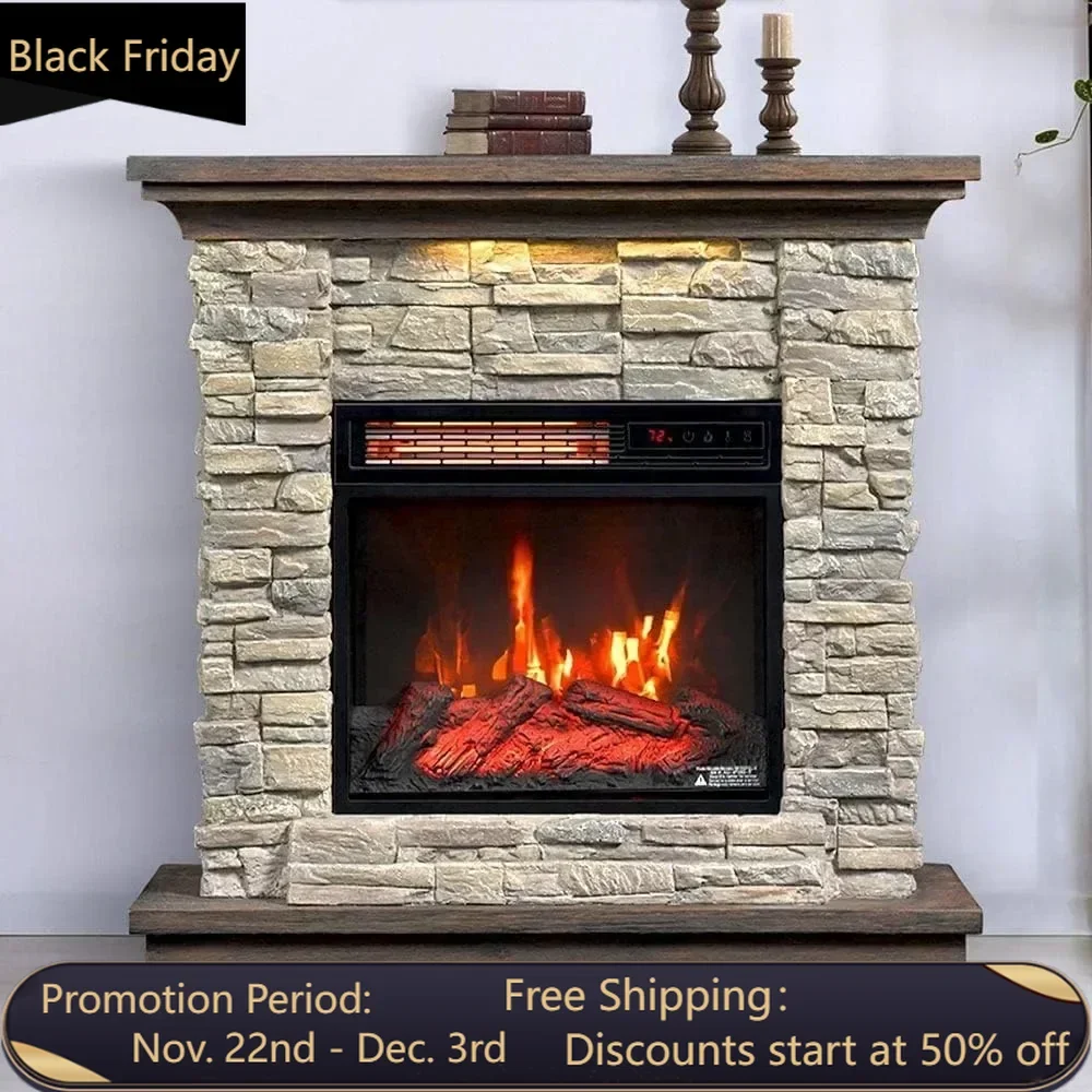 Wall Mantel Electric Fireplace with Remote Control, Smoky Gray Stone