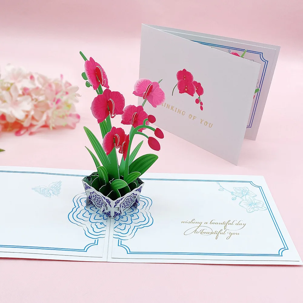 

Monarch Orchid Greeting Card New Potted Plant 3D Pop-up Orchid Paper Carving Card Exquisite Handwritten Message Blessing Card