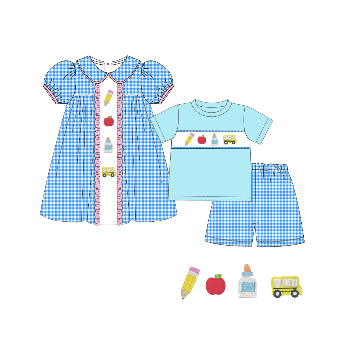 Children's Back To School Clothes Ruffled Baby Girls Dresses Light Blue For Boys Sets Apple Shorts Outifits