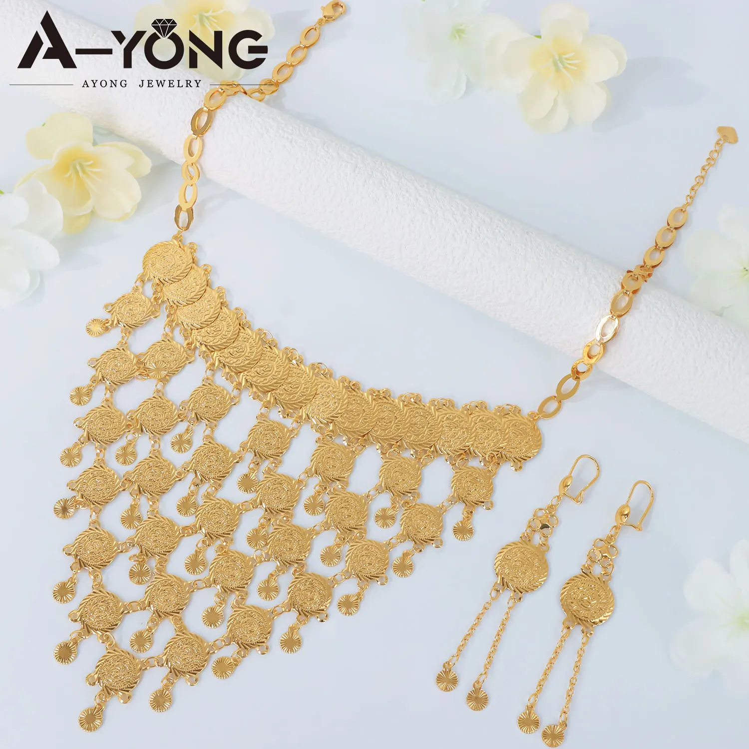 Ethiopian Bridal Wedding Jewelry Set 21k Gold Plated  Dubai Fashion Coins Necklace Earrings Algeria Women Event Party Jewelrys