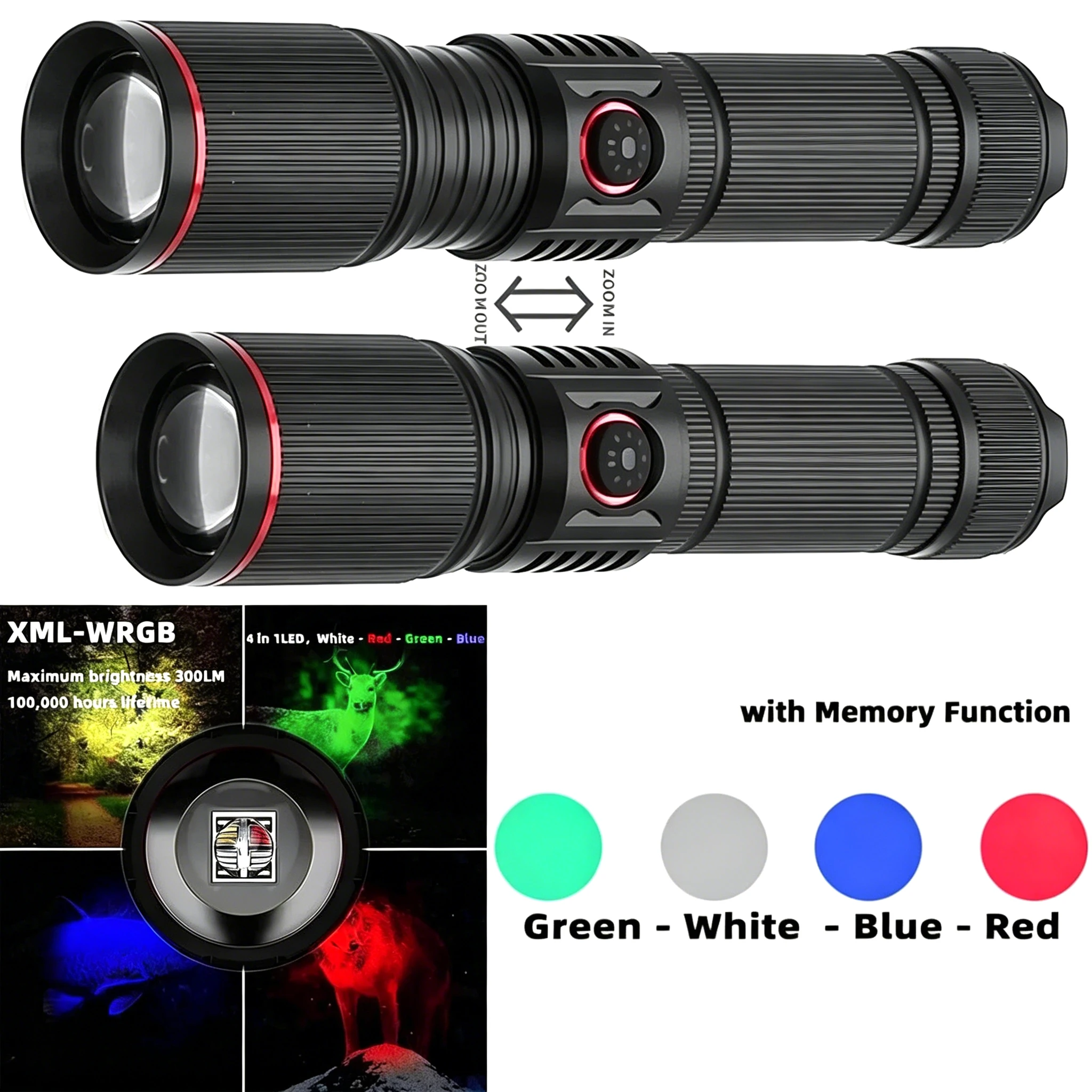 Scalable Zoom Colorful Color Light Flashlight LED Outdoor Photography Fill Light RGB Four-Color Light Flashlight Type-C Charging