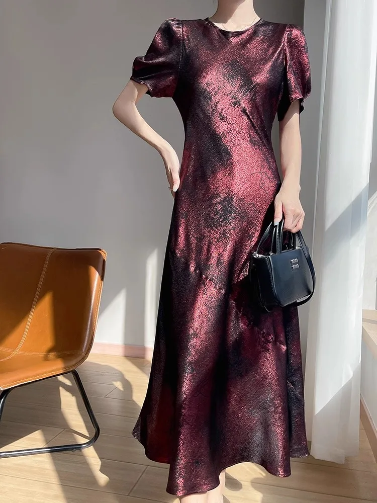 Ele Acétate Satin ort Sve Dr Golden Embelli Longueur Genou Soyeux Minceur Taille Haute A-Line Dr Summer Commute