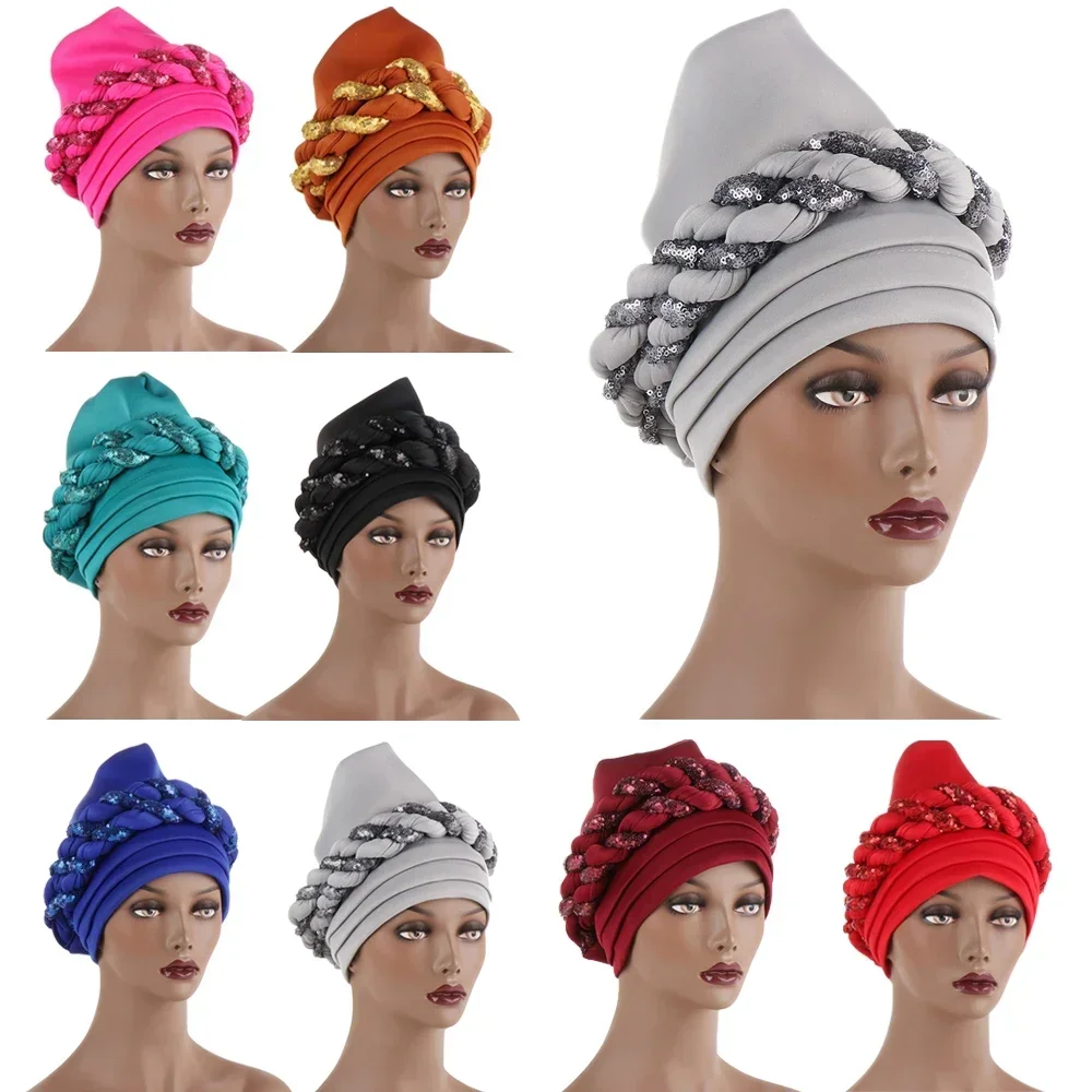 

African Headtie Auto Gele Turban Glitter Hijab Chemo Caps Aso Oke Already Made Braids Muslim Wedding Head Wrap Women Bonnet Hats