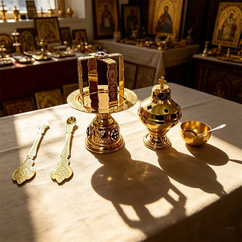 Orthodoxes Altar-Set aus Goldmetall mit Diskos und Sternchen sowie Weihrauchfass, Liturgisches Set für die Göttliche Liturgie, Byzantinische Kirchenartikel, Geschenk – Detail 1