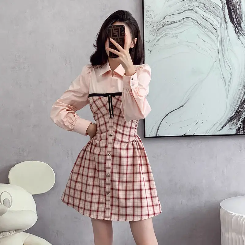 Pink Checkered Sweet Long Sleeved Dress with Feminine Temperament Fake Two-piece Spliced Shirt Skirt Waist Cinched A-line Skirt