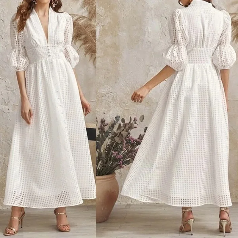 Elegant Fashion Translucent Dress Urban Women Pure White Deep V-Neck Pullover Ankle-Length Long Dresses Party Banquet Clothing